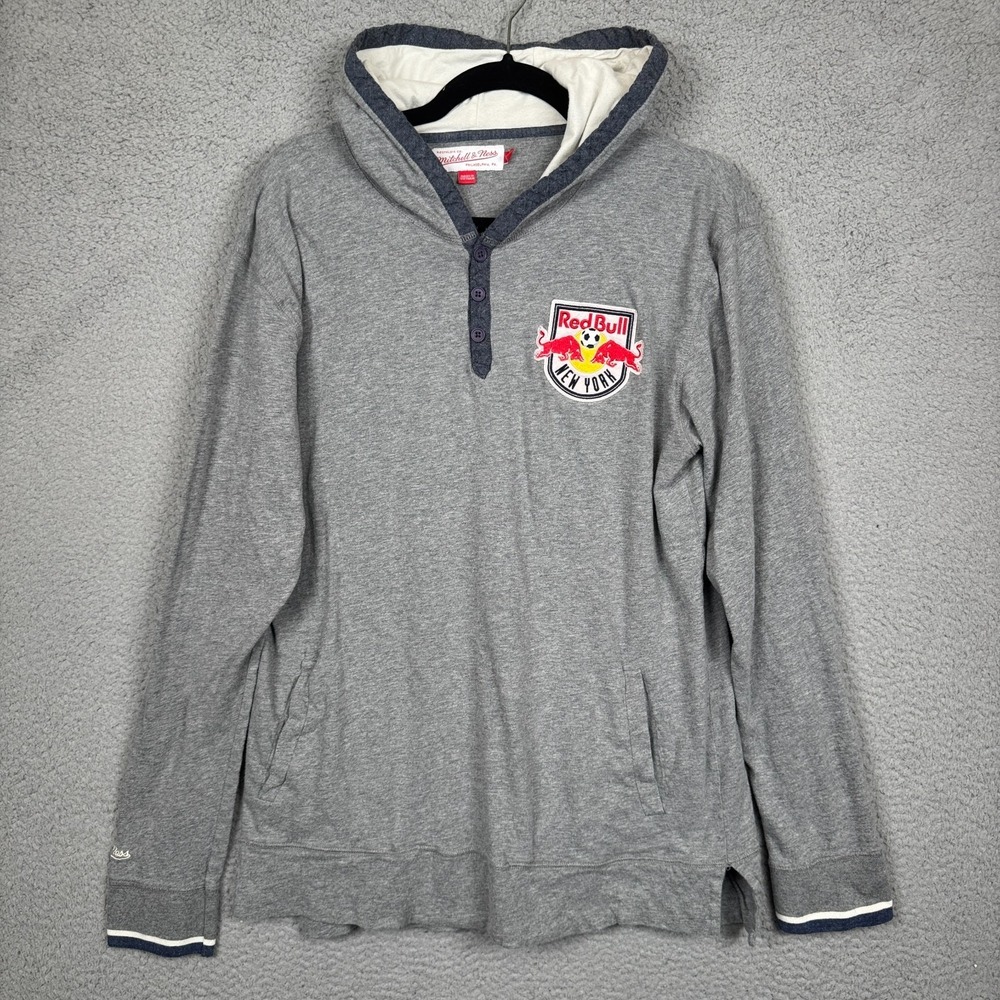 Red‎ Bull NY Hoodie Mens L Gray MLS Mitchell & Ness Hooded Henley